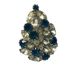 Rhinestone Vintage Pendant Shade of Blue and Clear Stones Rounded Teardrop Shape